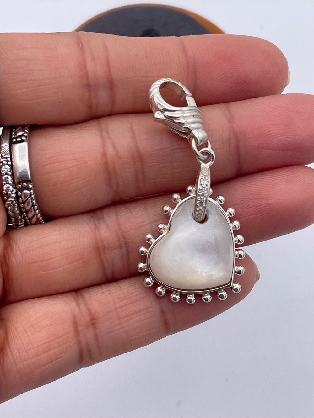 Judith Ripka Mother of Pearl Heart Charm Pendant 925 Sterling Silver CZ Thailand - Picture 6 of 7